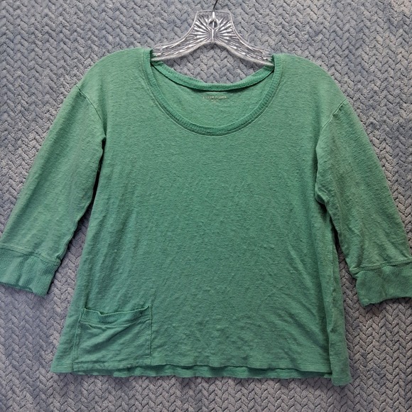 Eileen Fisher Tops - Eileen Fisher Green 100% Linen Knit Scoop Neck 3/4 Sleeve Pocket Top XS